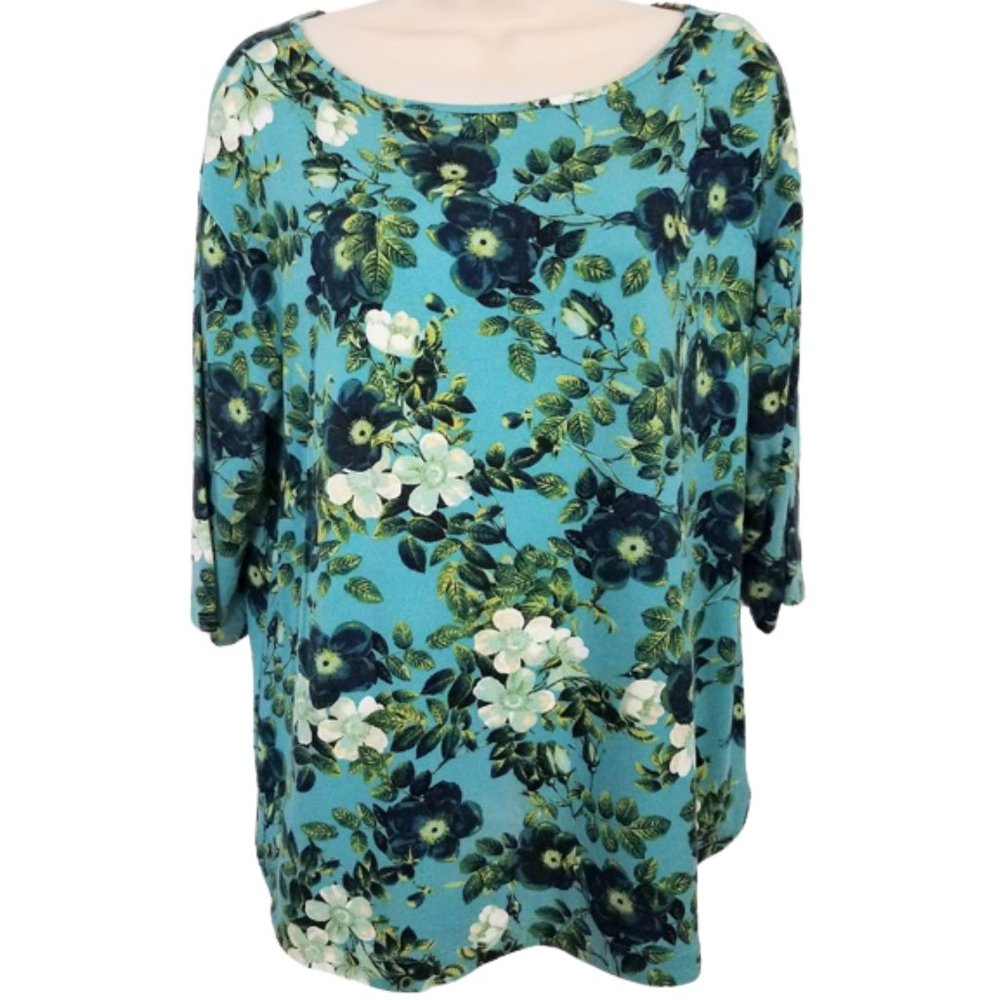 J. JILL Wearever Collection Blue & Green Floral Pullover Blouse - Women's L